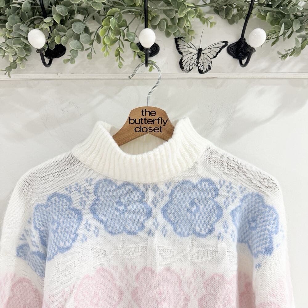 Vintage 80s/90s Pastel Floral Acrylic Mock Neck Sweater 1-650 cottagecore - Picture 2 of 4
